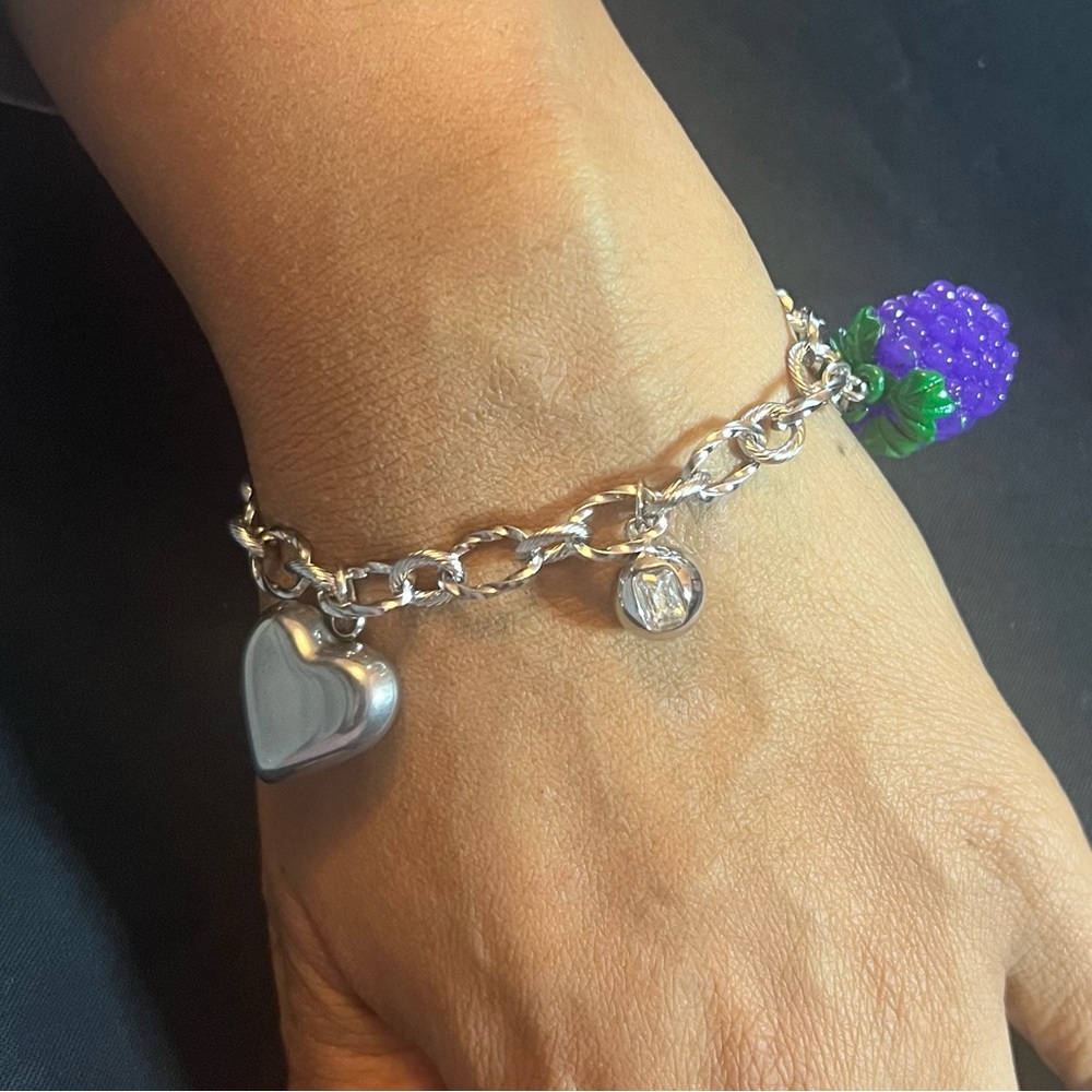 FRUIT SERIES Grape and Heart Pendant Link Chain Bracelet - Picture 2 of 2